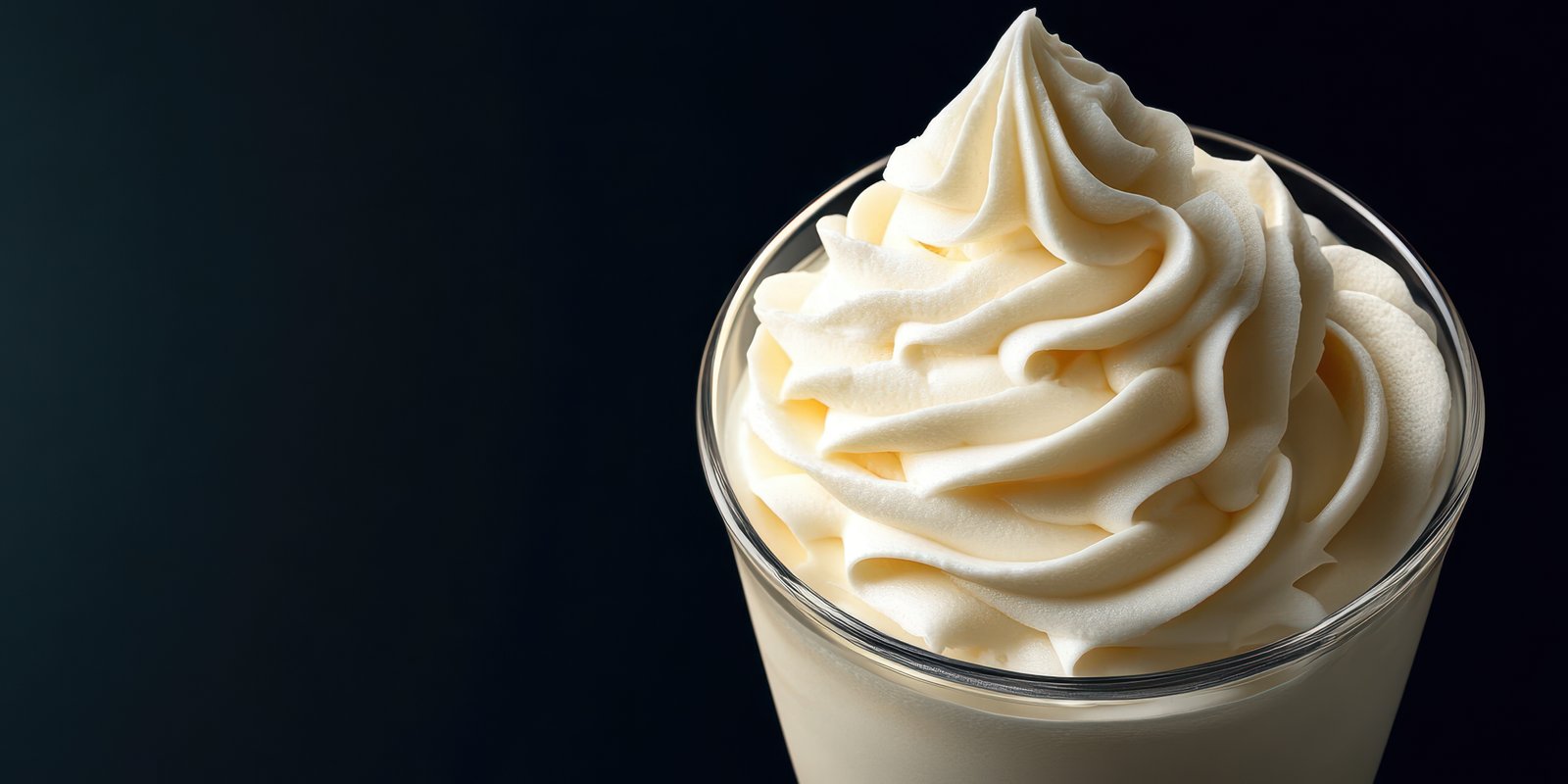 Creamy soft serve ice cream swirled high in a glass on a dark background